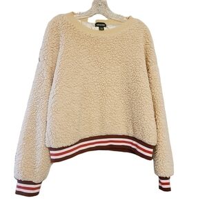 Joe Boxer | Women's Cream Sherpa Cropped Sweatshirt w/ Striped Trim (Size XL)